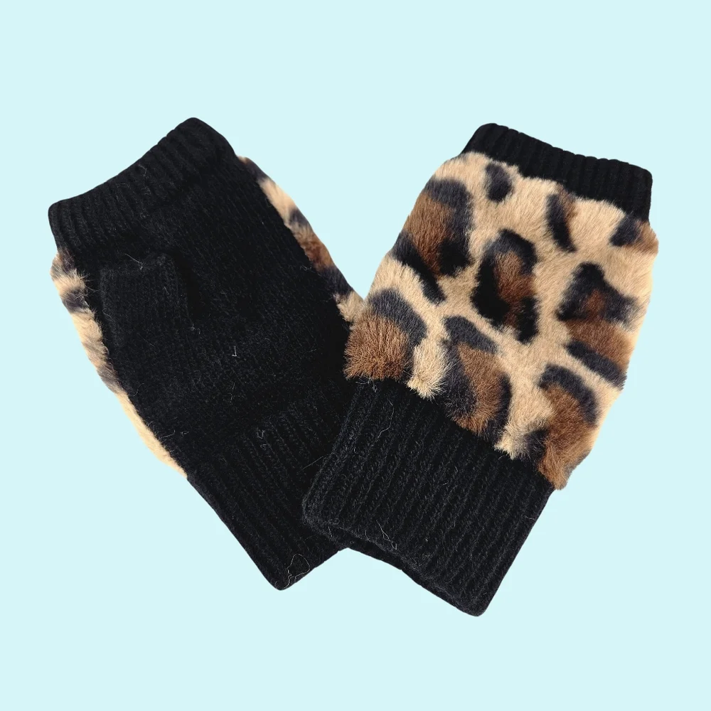 Adrienne Landau Gloves Fingerless Black Leopard Wool Blend Faux Fur Cottagecore
